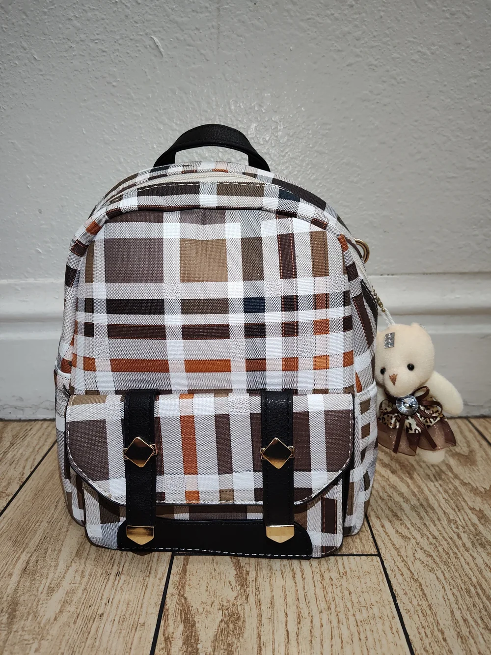 NWT Stylish Plaid Mini Backpack with Teddy Bear Keychain - Brown & White